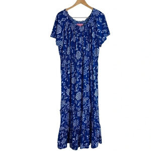 Woman Within Long Maxi Dress Size Large Blue and White Floral Short Sleeves